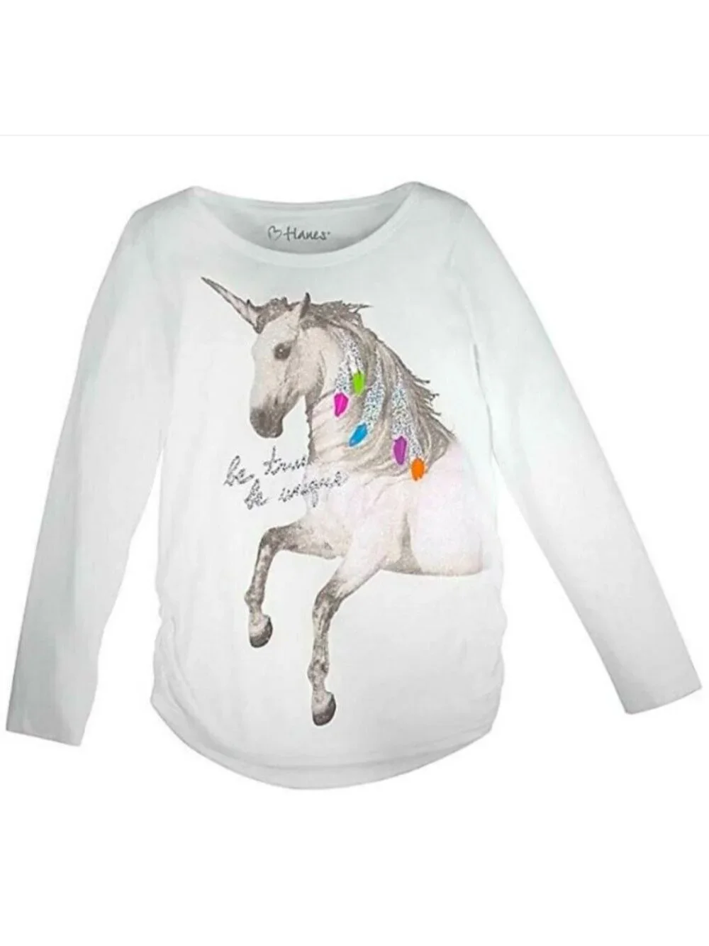 Girls XL Hanes Long-Sleeve White T-Shirt With Unicorn Graphic & Glitter Accents